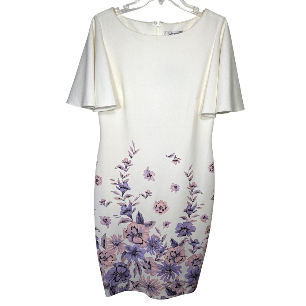 Kasper Ivory Purple Floral Flutter Sleeve Sheath Dress Womens 8 NWT Professional